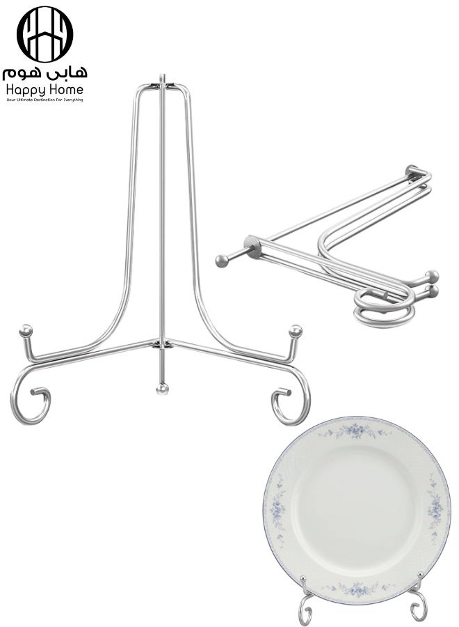 Happy Home Plate Display Stand and Metal Holder for Picture Frames 19 cm, Decorative Plates, Books, and Collectibles – Foldable Silver Wrought Iron Easel, Durable and Elegant for Home, Office, Kitchen, or Gallery - Image 1